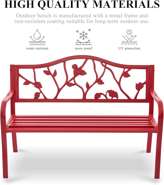 50" Outdoor Garden Bench, Cast Iron Metal Outdoor Benches Weatherproof with Artistic Strawberry Backrest, Red Patio Bench for Porch, Backyard, Lawn