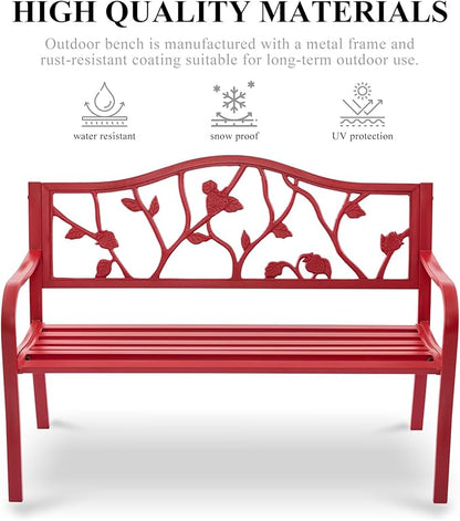 50" Outdoor Garden Bench, Cast Iron Metal Outdoor Benches Weatherproof with Artistic Strawberry Backrest, Red Patio Bench for Porch, Backyard, Lawn