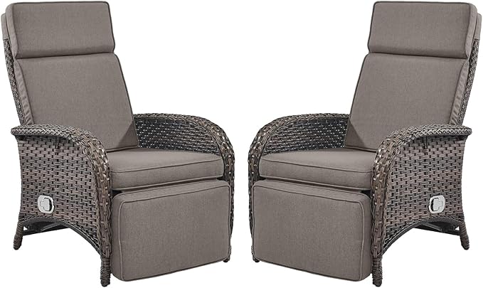 Belord Versatile Outdoor Recliner Chair - 2 Piece Reclining Patio Chair with Adjustable Backrest and Footrest, All-Weather Wicker Chaise Lounge Chair Outdoor for Pool Deck Brown