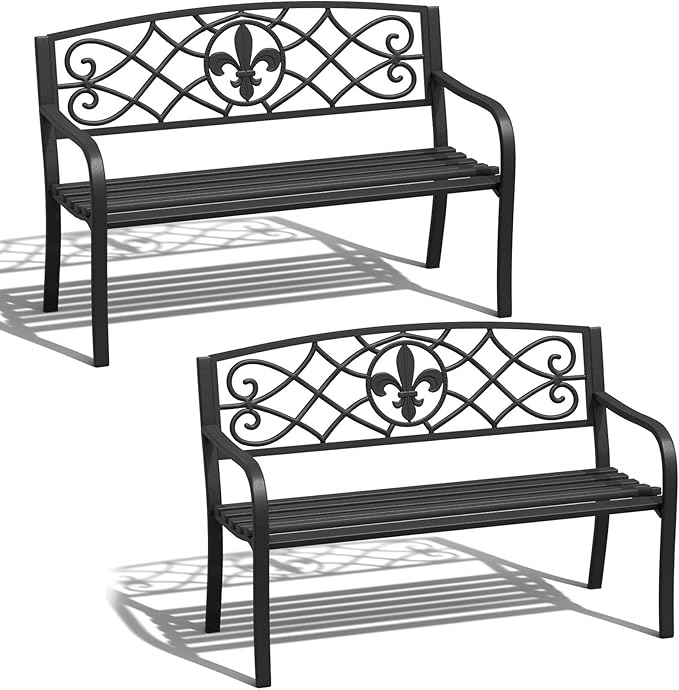 Metal Bench Patio Bench, Outdoor Benches Weatherproof with Floral Backrest, Wrought Iron Garden Benches for Outdoors, Patio, Garden, Park, 2 Pack