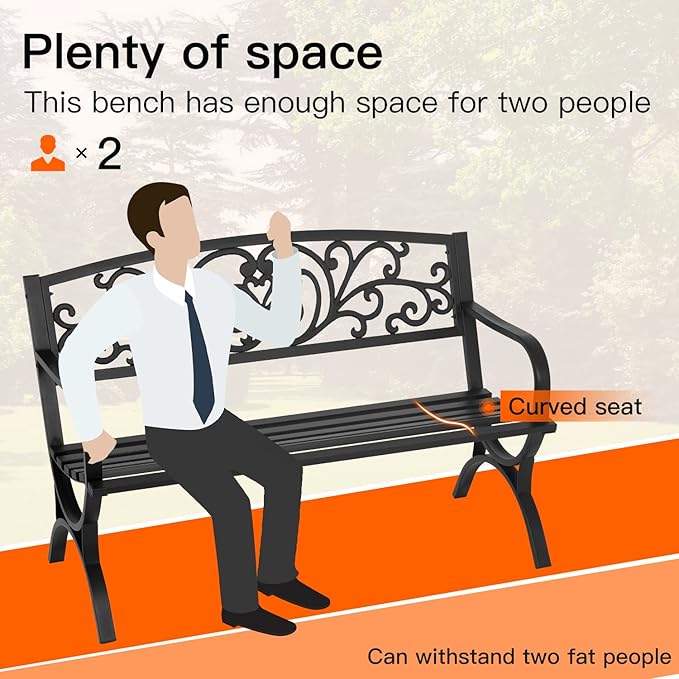 Patio Garden Bench 50 inch Outdoor Metal Loveseat Chairs with Armrests Slatted Seat and w/Floral Design Backrest for - Photo 5