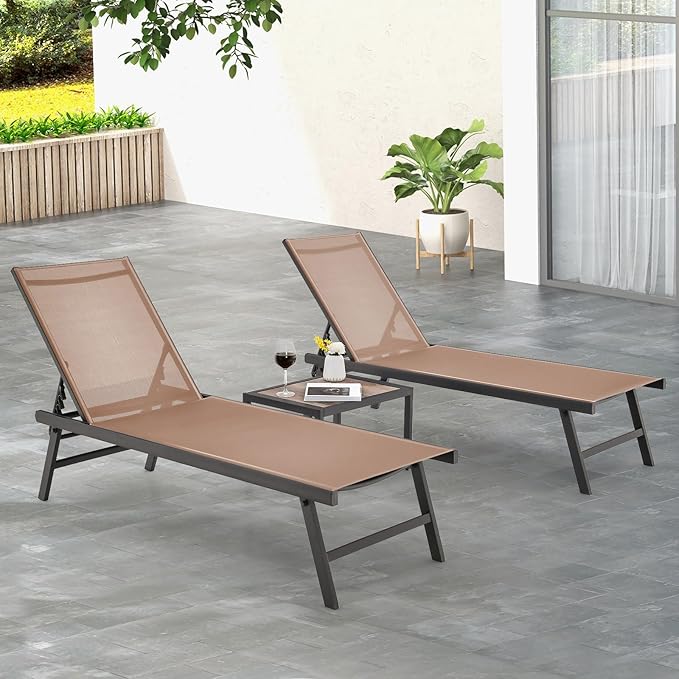 Tangkula 3 Piece Patio Chaise Lounge Set, Aluminum Patio Recliner with Coffee Table, 6-Level Backrest Adjustment - Photo 3