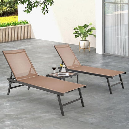 Tangkula 3 Piece Patio Chaise Lounge Set, Aluminum Patio Recliner with Coffee Table, 6-Level Backrest Adjustment, Outdoor Lounge Chair & Side Table Set for Poolside, Backyard (Brown)