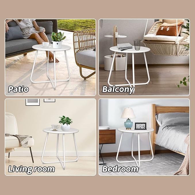Babion White Round Patio Side Table, Small Accent End Table for Patio Yard Garden, Indoor & Outdoor