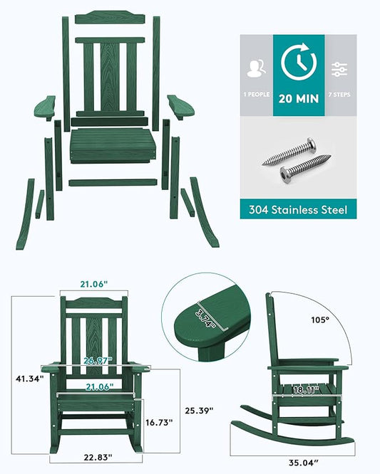 SERWALL HDPE Outdoor Rocking Chair Set of 6, Patio Rocking Chairs Set, Rocking Chair Outdoor for Adults, Green
