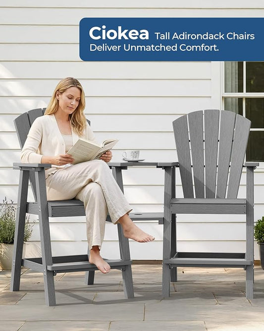 Ciokea Tall Adirondack Chairs Set of 4, HDPE Outdoor High Back Adirondack Chair with Double Connecting Tray, Weather Resistant Balcony Chairs for Deck, Lawn, Pool, Backyard, Gray