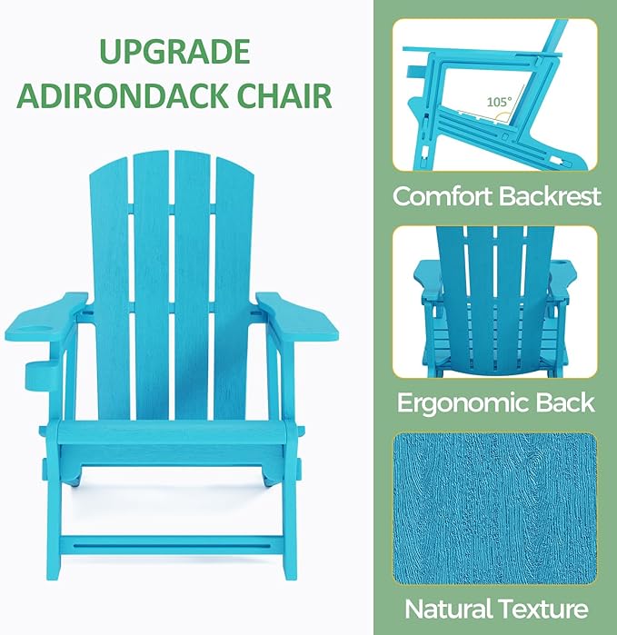FONTOI Adirondack Chair, Outdoor Weather Resistant Lawn Furniture, Plastic Adirondack Chair with Cup Holder, 400 LBS Capacity Recliner, Garden Backyard Patio Without Screws Install, Sky Blue