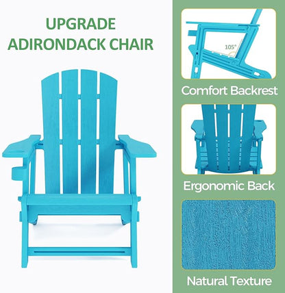 FONTOI Adirondack Chair, Outdoor Weather Resistant Lawn Furniture, Plastic Adirondack Chair with Cup Holder, 400 LBS Capacity Recliner, Garden Backyard Patio Without Screws Install, Sky Blue