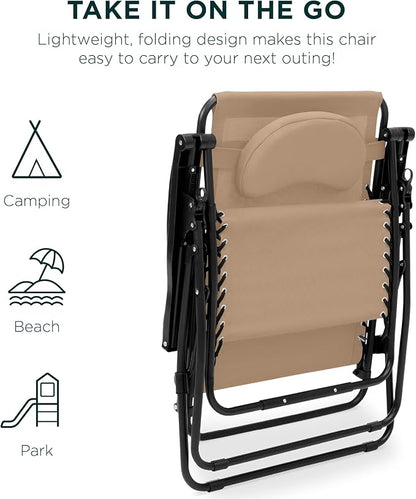 Best Choice Products Oversized Zero Gravity Chair, Folding Outdoor Patio Lounge Recliner w/Cup Holder Accessory Tray, Pillow - Sand/Black