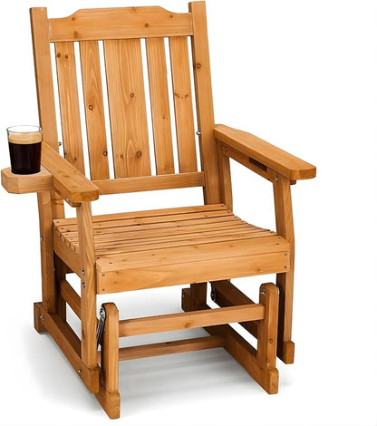 Outvita Patio Glider with Cup Holders, Wooden Outdoor Glider Bench with High Roll Back & Deep Contoured Seat, Smooth Porch Glider Chair Heavy Duty 600 Lbs, Teak Brown