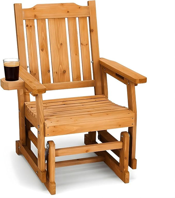 Outvita Patio Glider with Cup Holders, Wooden Outdoor Glider Bench with High Roll Back & Deep Contoured Seat - Photo 1