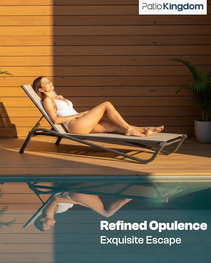 Lounge Chair Set of 4, Aluminum Chaise Lounge Outdoor, Lightweight Lounge Chairs for Outside with 5 Adjustable Backrest, Pool Lounger for Poolside, Beach, Balcony, Deck (Khaki)