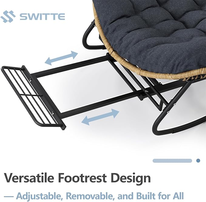 SWITTE Papasan Rocking Chair with Adjustable Footrest, Oversized Wicker Zero-Gravity Outdoor Rocker with Cushion - Photo 4