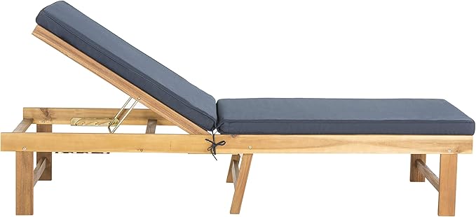 SAFAVIEH Outdoor Collection Inglewood Natural Solid Wood/Navy Cushion Adjustable Chaise Lounge Chair (PAT6723B) - Photo 1