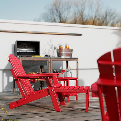 GREENVINES Adjustable Adirondack Chair with Retractable Ottoman Set of 2 | Folding | HDPE Plastic | Fire Pit Chairs w/Foot Rest | 2 Cup Holders | Red | for Outdoor Patio Poolside Deck