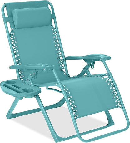 Best Choice Products Adjustable Zero Gravity Chair, Monochromatic Color Folding Patio Recliner w/Side Tray, Headrest - Caribbean