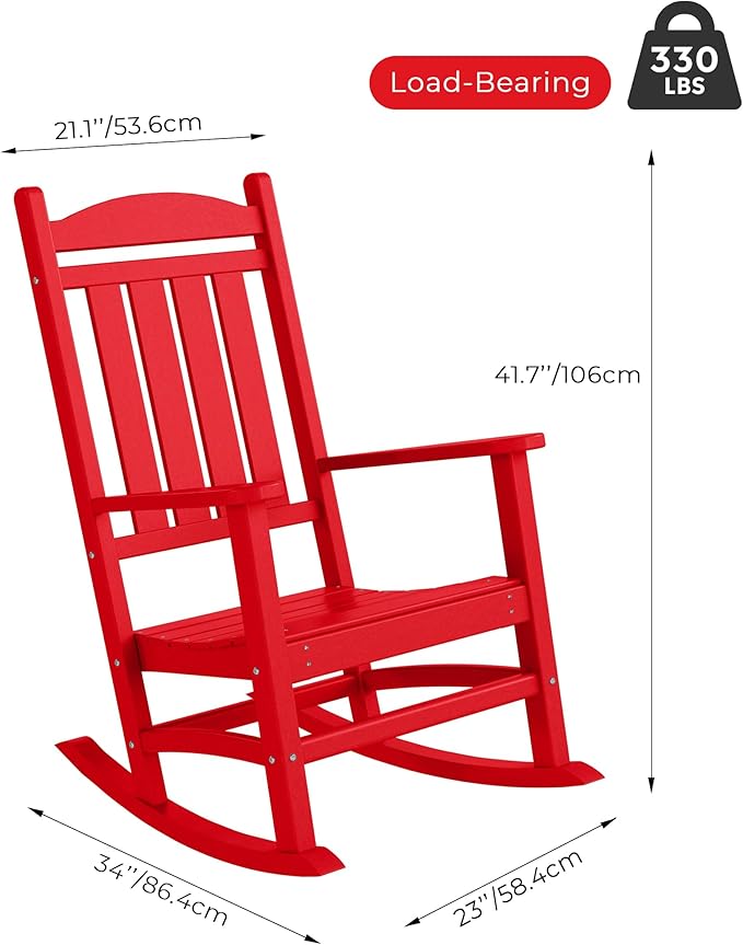 Costaelm Oversized Outdoor Rocking Chair, High Back Porch Rocker Chair, HDPE All Weather Resistant Outdoor Seating Furniture Wide Rocker Chair for Patio, Lawn, Garden, Red