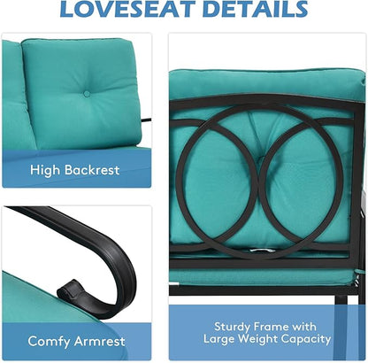 Giantex Patio Loveseat with Coffee Table Outdoor Bench with Cushion and Metal Frame, Loveseat Porch Furniture Set Sofa for Garden, Yard, Patio or Poolside