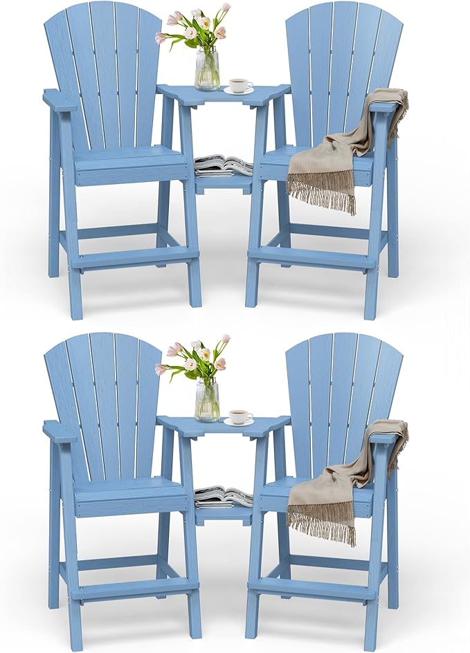 Tall Adirondack Chairs Set of 4, HDPE High Adirondack Chairs with Double Removable Trays, All Weather Outdoor Barstools for Patio, Balcony, Backyard, Deck and Garden, Baby Blue
