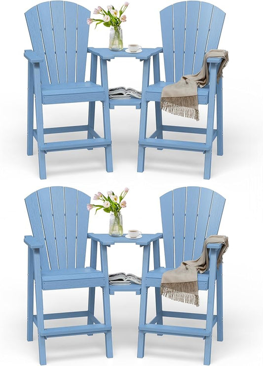 Tall Adirondack Chairs Set of 4, HDPE High Adirondack Chairs with Double Removable Trays, All Weather Outdoor Barstools for Patio, Balcony, Backyard, Deck and Garden, Baby Blue