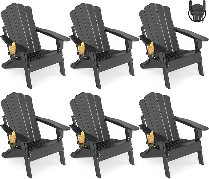 GREENVINES Oversized-Folding-Adirondack-Chairs-Set-of-6 | HDPE Plastic | Cup Holder | Fire Pit Chair | All Weather | for Outdoor Deck Backyard | Black