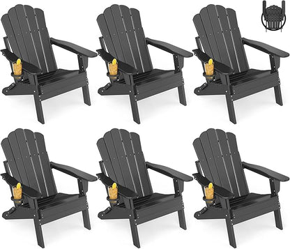 GREENVINES Oversized-Folding-Adirondack-Chairs-Set-of-6 | HDPE Plastic | Cup Holder | Fire Pit Chair | All Weather | for Outdoor Deck Backyard | Black