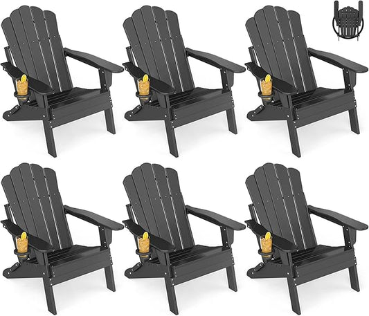 GREENVINES Oversized-Folding-Adirondack-Chairs-Set-of-6 | HDPE Plastic | Cup Holder | Fire Pit Chair | All Weather | for Outdoor Deck Backyard | Black