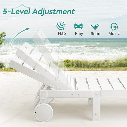 Outdoor Chaise Lounge Chairs Set of 2, 2-Piece, 26.8” Super Wide Lounge Chair Outdoor, HDPS Pool Chairs with 5 Positions, Patio Lounge Chair with Wheels for Pool,Lawn,Backyard, White