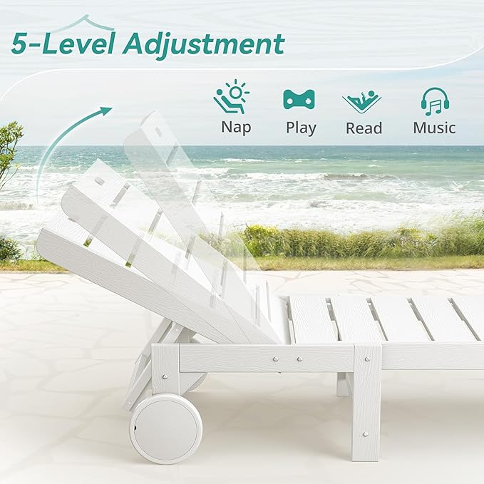 Outdoor Chaise Lounge Chairs Set of 4, 26.8” Super Wide Lounge Chair Outdoor, HDPS Pool Chairs with 5 Positions, Patio Lounge Chair with Wheels for Pool,Lawn,Backyard, White
