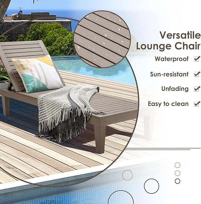 Giantex Lounge Chair, Outdoor Sun Tanning Chair with 5-Position Adjustable Backrest, Lightweight Design, Weather-Proof and Rust-Resistant, Pool Lounger for Patio, Beach, Balcony, Poolside (1, Khaki)
