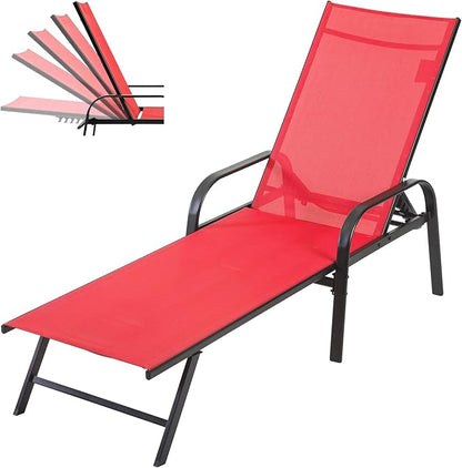 DUMOS Foldable Chaise Lounge Chair, 5-Position Beach Lounge Recliner Chair with Armrests, Outdoor Sun Chairs with Metal Frame for Patio Backyard Poolside Seating, Red