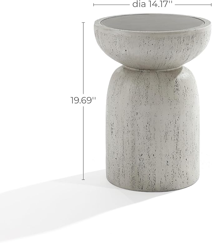 LuxenHome Rustic Outdoor Side Table, 20 Inch Concrete End Tables for Patio, Off White and Gray Weathered Round Table - Photo 2