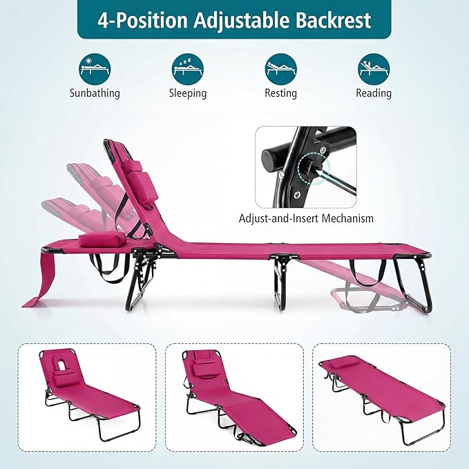 GYMAX Tanning Chair, Folding Lounge Chairs with Face Hole & Cover, Removable Pillow Carry Handle, Portable Compact Outdoor Layout Recliner for Beach, Poolside, Lawn, Patio, Camping (Pink,1)