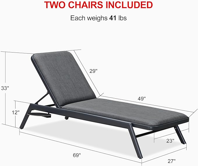 PURPLE LEAF Chaise Lounge Outdoor Chair with Cushion Aluminum Pool Side Sun Lounges Adjustable Reclining Patio Set Pack of 2 Dark Grey