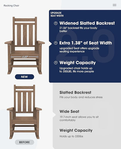 KINGYES Oversized Outdoor Rocking Chair Set of 4, All-Weather Patio Rocking Chairs for Porch, HDPE Outdoor Patio Rockers with High Back & Wide Seat for Garden, Lawn, Brown