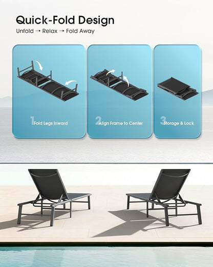 Ciokea Foldable Outdoor Lounge Chair Set of 4, No Assembly Aluminum Chaise Lounge Outdoor with 5-Positions, Aluminum Pool Lounge Chairs with Portable Design for Poolside, Beach, Deck, Patio, Black