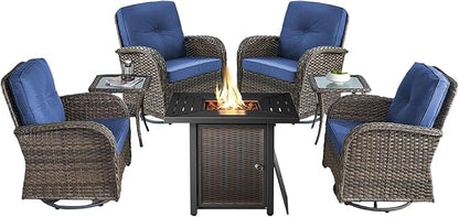 7 Pieces Patio Furniture with Fire Pit-High Back Swivel Patio Chairs Set of 4 with Outdoor Side Table Outdoor Patio Furniture Set for Deck Porch Garden Balcony Poolside-Brown/Blue