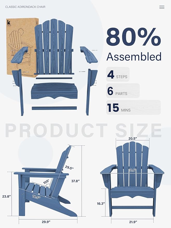 KINGYES HDPE Adirondack Chair, Classic All-Weather Adirondack Chairs Set of 2 - Photo 3