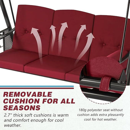 AECOJOY Outdoor Porch Swing, 3-Seat Porch Swing with Adjustable Canopy, Outdoor Swings for Adult with Burgundy Removable Cushions for Backyard, Garden, Yard, Poolside, Balcony