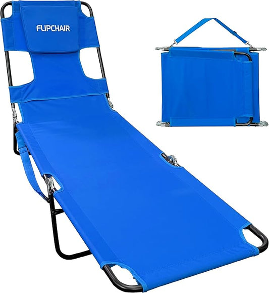 Face Down Tanning Chaise Lounge Chair - Face & Arm Holes - 2 Legs Support - Polyester Material – Backrest Positions - Head Rest Pillow - Beach or Home Use – Read and Tan - Blue Stripes Pattern