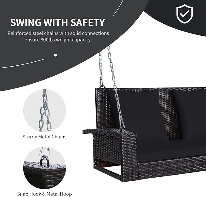RELAX4LIFE Porch Swing 2-Seat Patio Rattan, Wicker Porch Swings Outdoor W/Two 7.9 Ft Solid Steel Chain - Photo 6