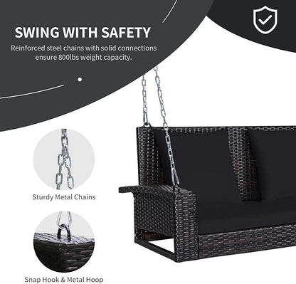 RELAX4LIFE Porch Swing 2-Seat Patio Rattan, Wicker Porch Swings Outdoor W/Two 7.9 Ft Solid Steel Chain, Comfortable Back & Seat Cushions, for Front Porch, Garden, Backyard Patio Swing (Black)