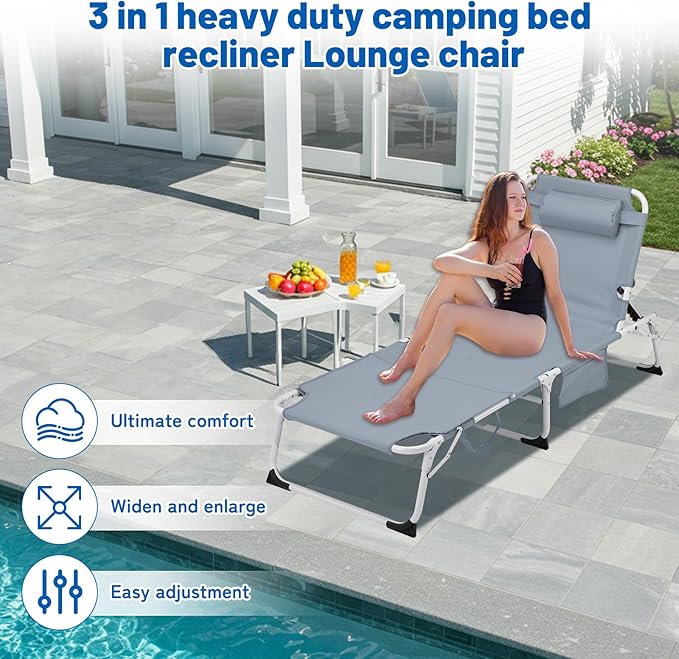 XMT 3-in-1 Tanning Chair with Face Hole for Outside, 5-Position Reclining & Head Cushion – Portable Folding Beach Lounge Chairs for Pool, Lawn, Yard (Grey)
