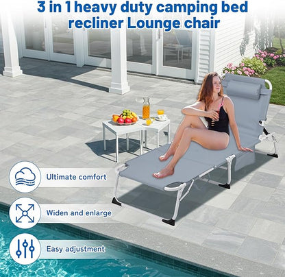 XMT 3-in-1 Tanning Chair with Face Hole for Outside, 5-Position Reclining & Head Cushion – Portable Folding Beach Lounge Chairs for Pool, Lawn, Yard (Grey)