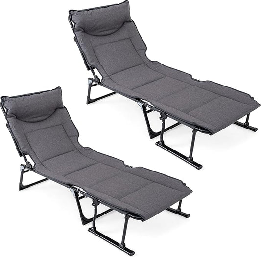 Giantex Folding Patio Lounge Chair with 6 Backrest Positions, Portable Foldable Bed with Cushion and Armrest, Head Pillow, Adjustable Recliner, Outdoor Camping Cot for Yard, Bench, Office, Home (2)