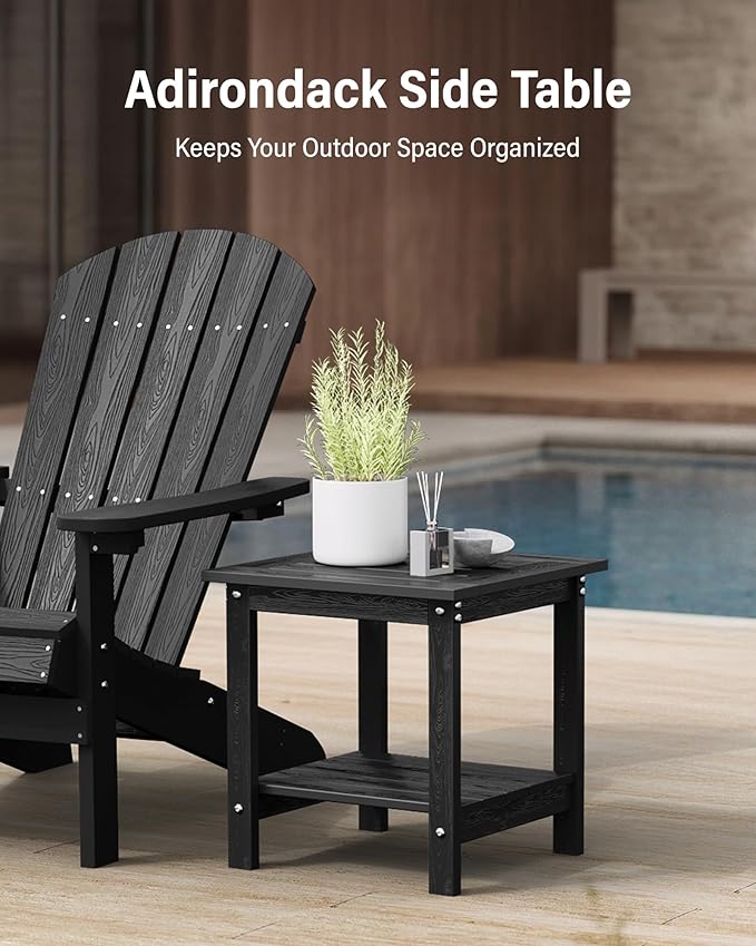 YEFU Outdoor Side Table for Patio: 16x16 in HIPS Square Outdoor End Table - 2-Tier Adirondack Tables for Patio Porch Poolside Living Room Beach Bedroom, Black