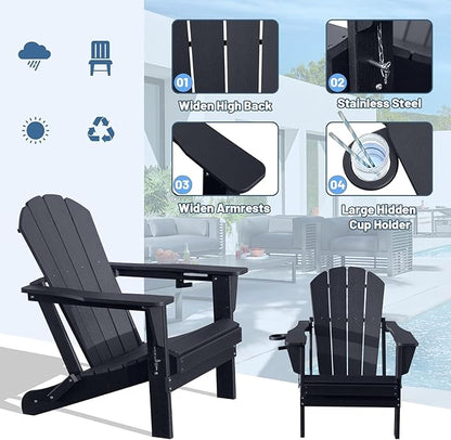 GOWE Adirondack Chairs Set of 2, Plastic Adirondack Chair, Adirondack Chairs, HDPE Adirondack Chair, Folding Adirondack Chairs, Outdoor Chairs with Cup Holder for Lawn Patio Deck Fire Pit -Black
