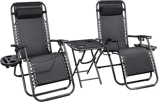 Homall 3 Pcs Zero Gravity Chair Patio Folding Recliner Outdoor Chaise Lounge Chairs Portable Reclining Chair Set with Side Table (Black)