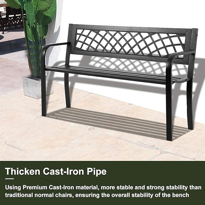 45.5in Outdoor Patio Garden Bench Mesh Pattern Loveseat,Cast Iron Heavy Duty Front Porch Chair w/Steel Frame- Easy Assembly Rust Free for Park Yard Backyard Lawn Pool Decor Deck Furniture- Black