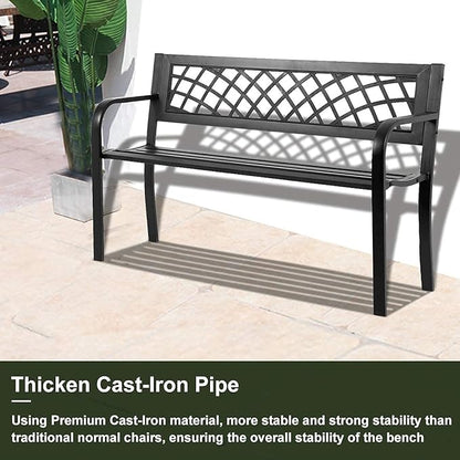 45.5in Outdoor Patio Garden Bench Mesh Pattern Loveseat,Cast Iron Heavy Duty Front Porch Chair w/Steel Frame- Easy Assembly Rust Free for Park Yard Backyard Lawn Pool Decor Deck Furniture- Black